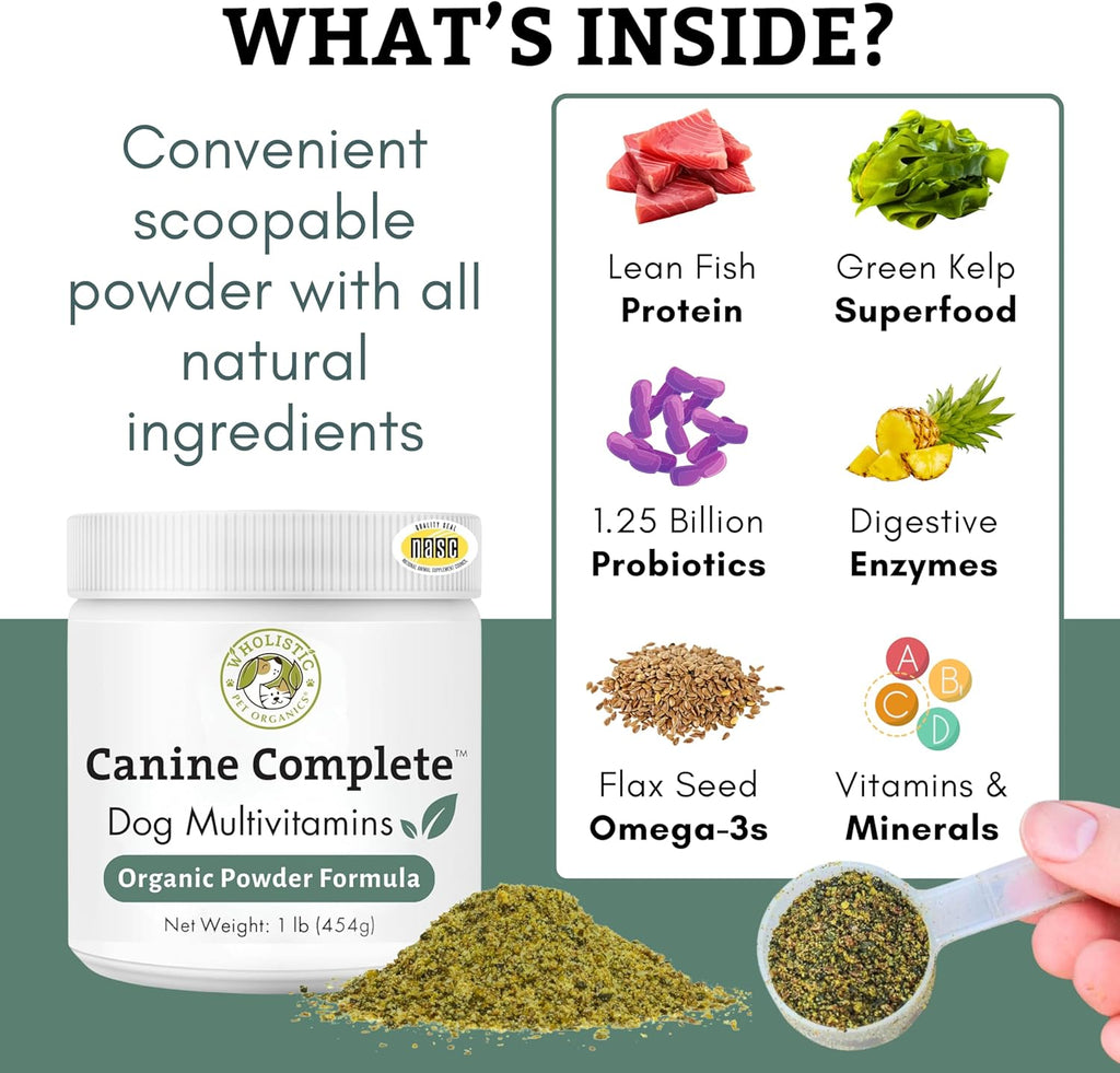 Organic Dog Vitamins, 1 Lb, 45 Scoops | Daily Dog Multivitamin with Prebiotics, Probiotics for Immune Support, Skin Coat, Digestion, & Joint Health - Canine Complete