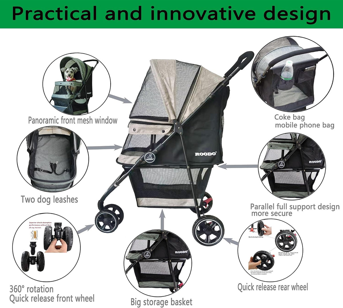 ROODO 3 Wheel Dog Pet Cat Stroller Best Lightweight Foldable Compact Portable Jogger All Terrain Travel Pet Gear Puppy Kitty Stroller for up to 30lbs Medium Small Dogs and Cats(Light Khaki)