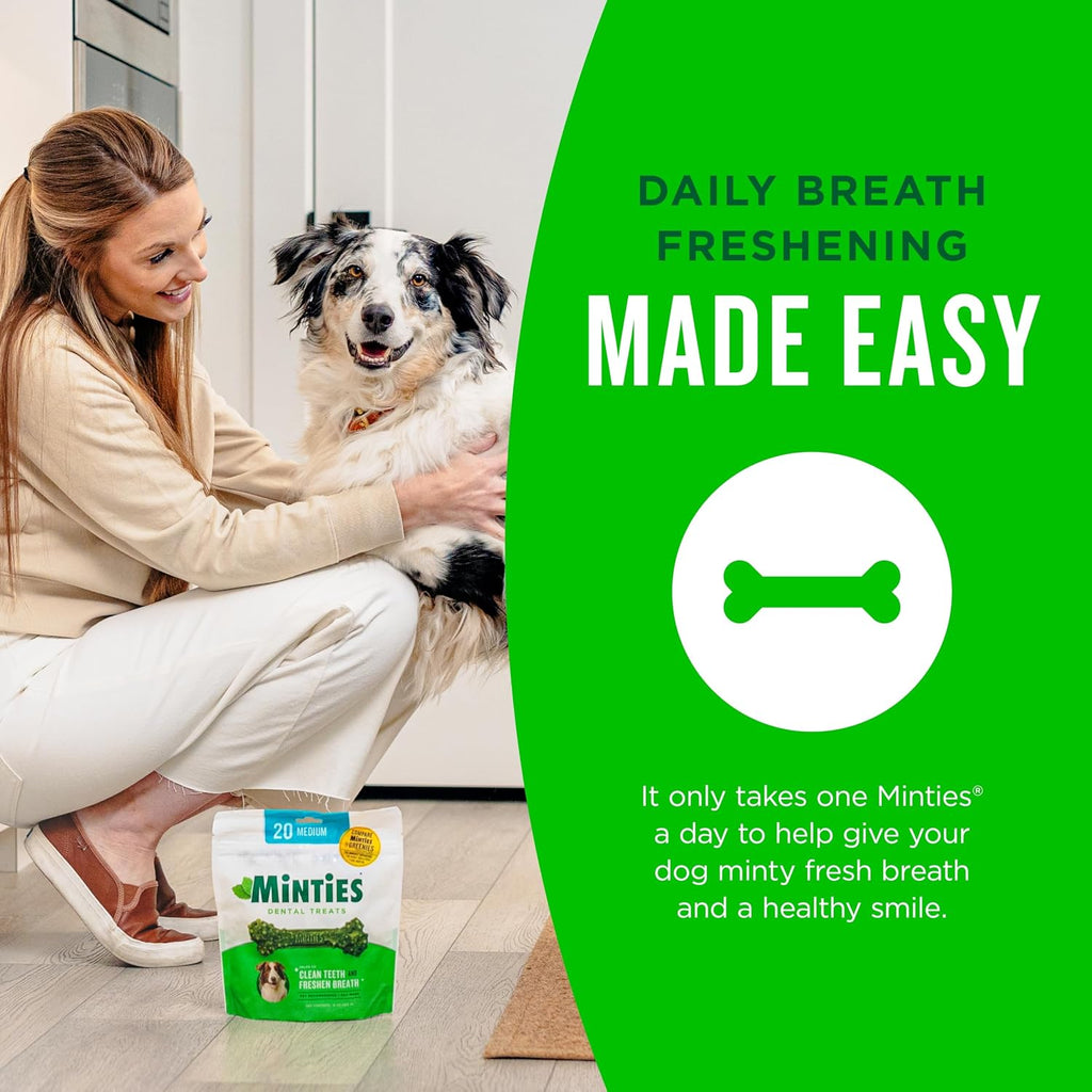 Minties Dental Chews for Dogs, 60 Count, Vet-Recommended Mint-Flavored Dental Dog Treats for Medium Dogs, Bones Clean Teeth, Fight Bad Breath, and Removes Plaque and Tartar | Vet-recommended mint dental bone; scrubs teeth as dogs chew; fights plaque, tart