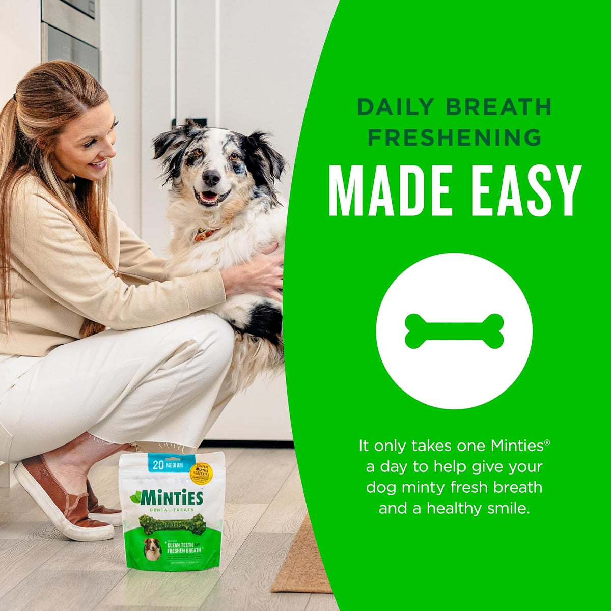 Minties Dental Chews for Dogs, 60 Count, Vet-Recommended Mint-Flavored Dental Dog Treats for Medium Dogs, Bones Clean Teeth, Fight Bad Breath, and Removes Plaque and Tartar | Vet-recommended mint dental bone; scrubs teeth as dogs chew; fights plaque, tart