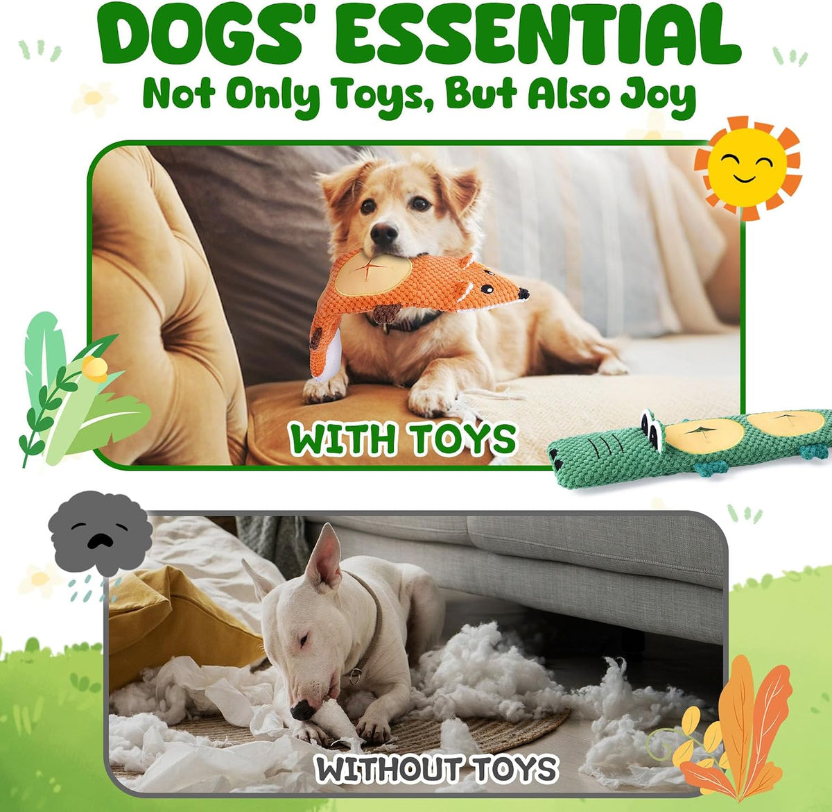 XIUGOAL Dog Toys for Chewers, 2 Pack No Stuffing Dog Toys for Boredom and Teething, Squeaky Chew Toy for Small, Medium Breed to Keep Them Busy