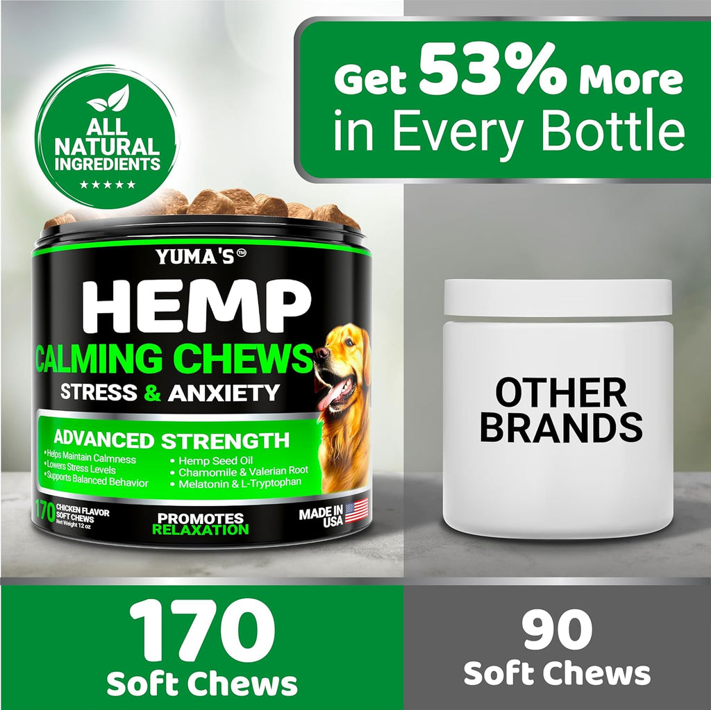 Hemp Calming Chews for Dogs - 170 Chews - Advanced Dog Calming Chews | Dog Anxiety Relief Treats - Separation, Barking, Stress & Thunderstorms - Melatonin, Hemp Oil, Valerian Root - Made in USA