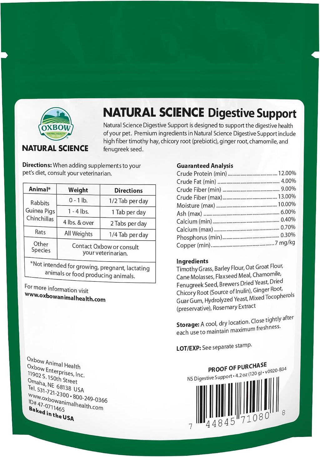 Oxbow Digestive Support Rabbit & Guinea Pig Supplement, Timothy Hay, 4.2 oz