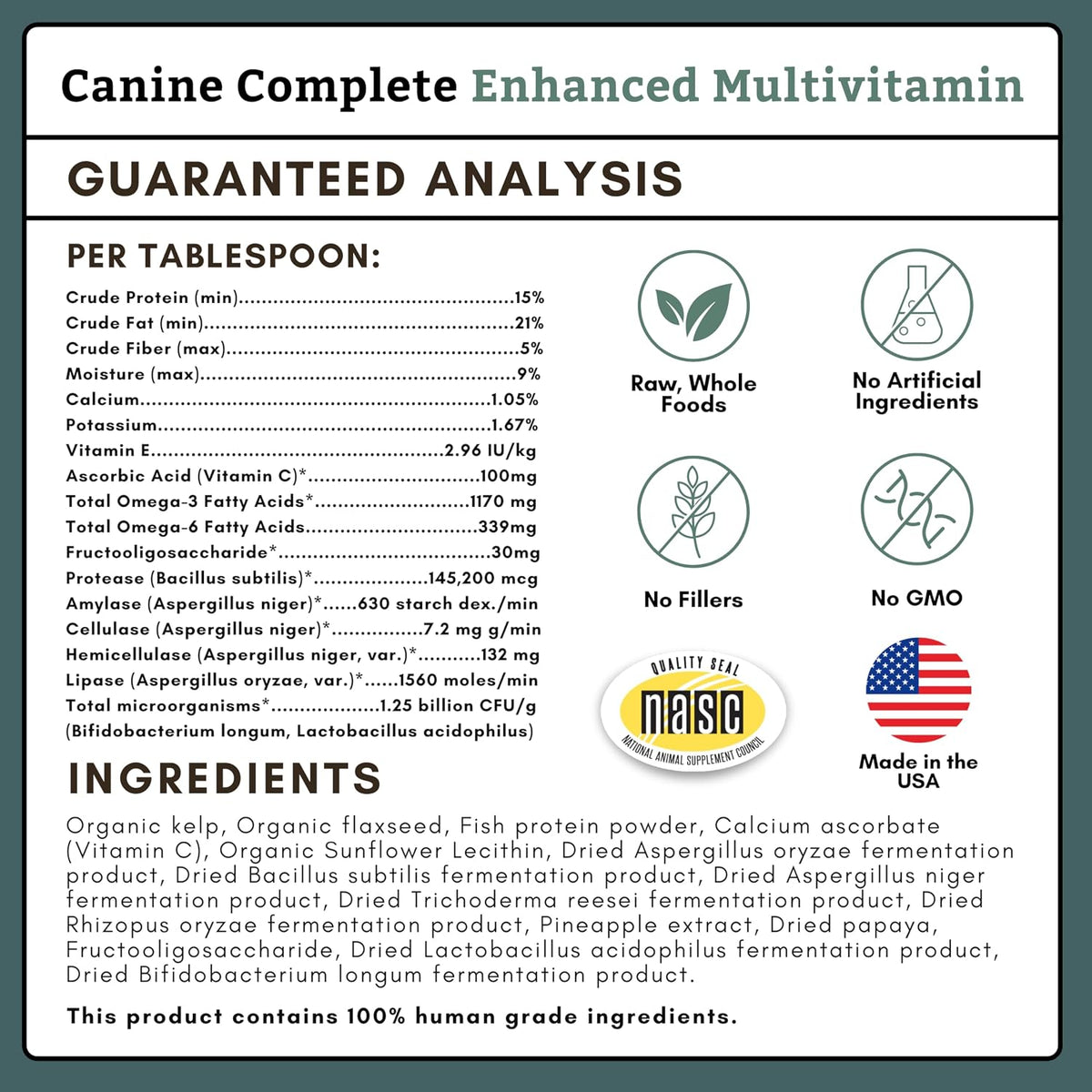 Organic Dog Vitamins, 1 Lb, 45 Scoops | Daily Dog Multivitamin with Prebiotics, Probiotics for Immune Support, Skin Coat, Digestion, & Joint Health - Canine Complete
