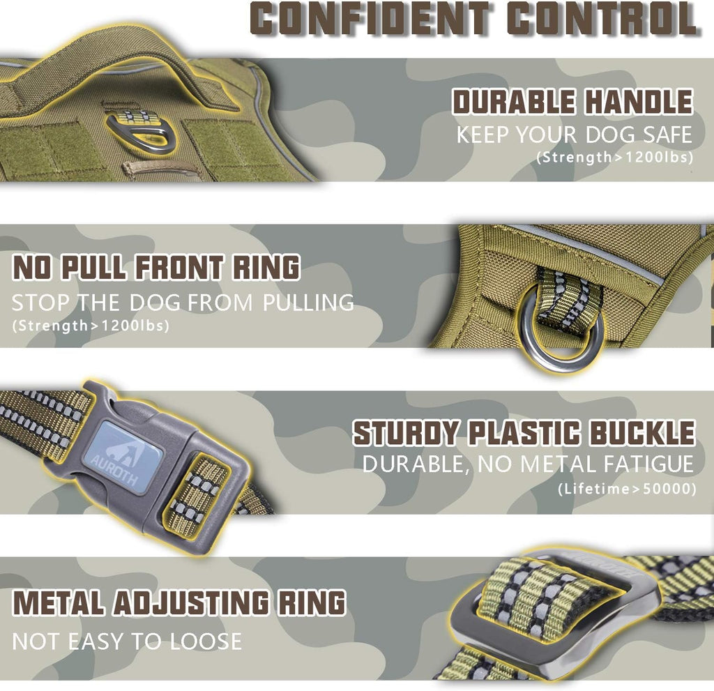 Auroth Tactical Dog Harness for Large Dogs No Pull Adjustable Pet Harness Reflective K9 Working Training Easy Control Pet Vest Military Service Dog Harnesses Army Yellow L