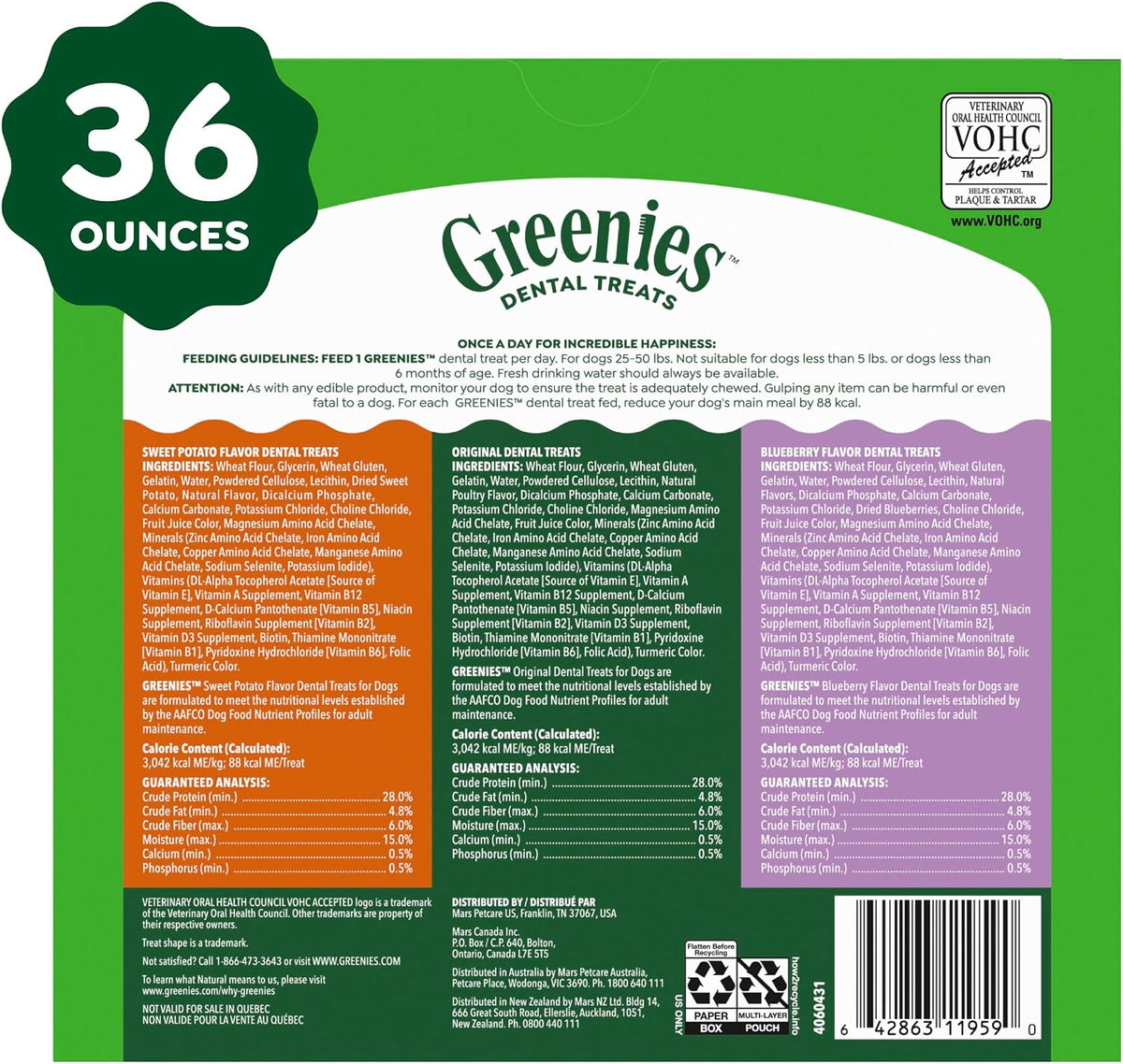 Greenies Regular Dental Dog Treats Flavor, Variety Pack, 36 Count | Veterinarian-recommended, Original, Blueberry, Sweet Potato flavors, (3) 12 oz. packs, for dogs 25-50 lbs, freshens breath