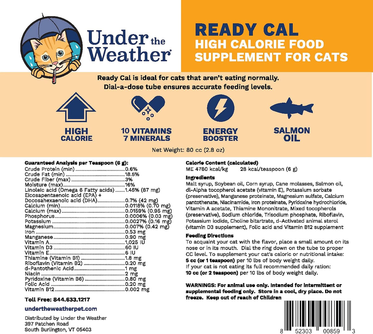 Under The Weather Pet | Ready Cal for Cats 100cc | High Calorie Supplement | Cat Weight Gainer and High Calorie Booster | 10 Vitamins, 7 Minerals & Omega Fatty Acids (for Cats 100cc)