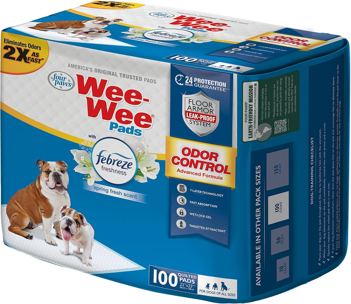 Four Paws Wee-Wee Odor Control with Febreze Freshness Pee Pads for Dogs & Puppies, Leak-Proof Dog Housebreaking Potty Training Floor Protection, Spring Fresh Scent, 22" x 23", 100 Count
