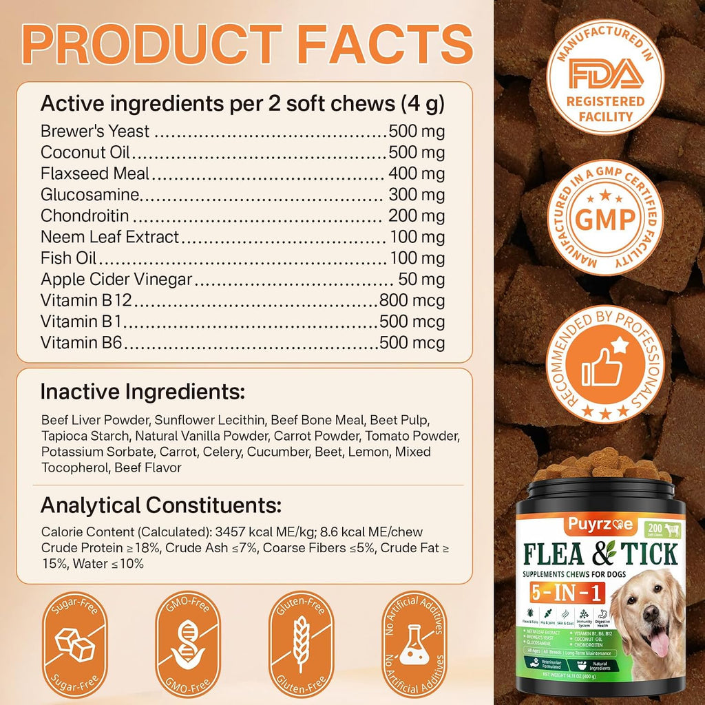 Puyrzoe Flea and Tick Prevention for Dogs, Dog Flea and Tick Treatment Chew | 5-In-1 Flea and Tick Chews, Flea & Tick Prevention | Hip & Joint | Skin & Coat | Immunity Support | Digestive for All Breeds