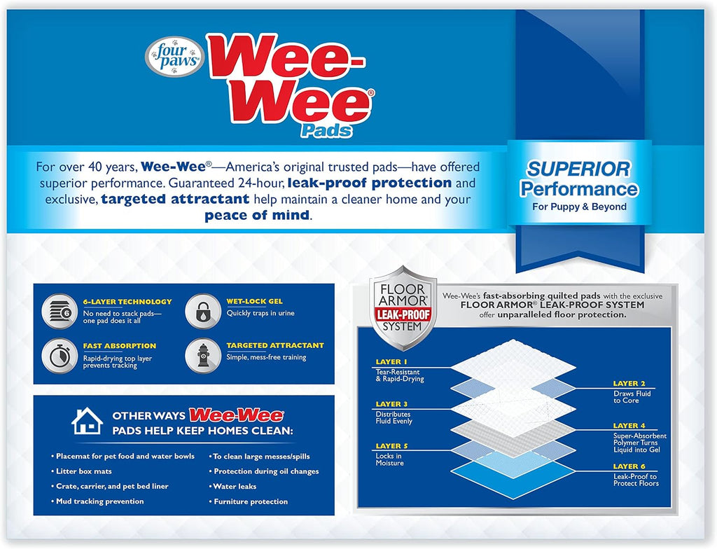 Four Paws Wee-Wee Superior Performance Dog Pee Pads, 200 Count | Quilted leak-proof puppy pads, dog housebreaking & potty training, 24-hour floor protection, pet supplies, 22" x 23"