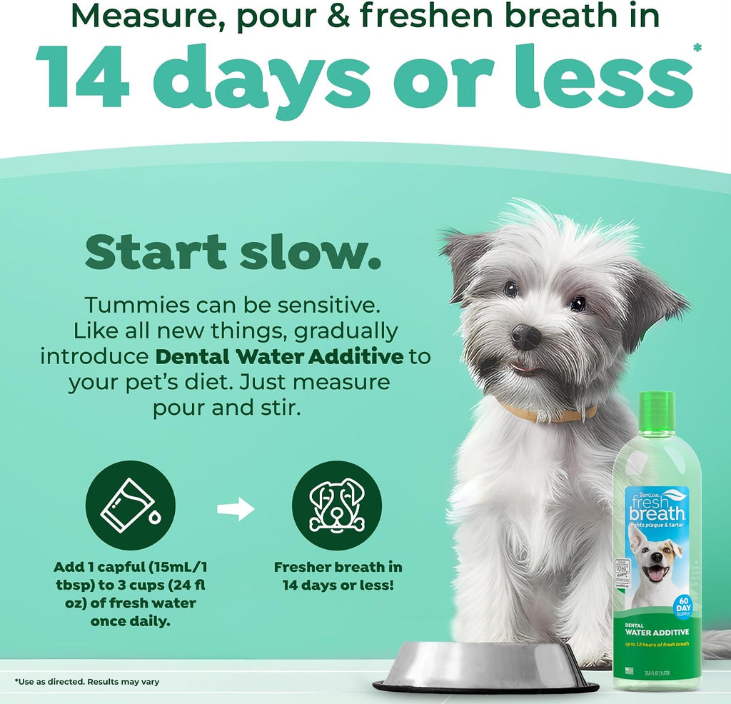 TropiClean Fresh Breath Dental Water Additive, Dog Breath Freshener, 33.8oz | Freshens Breath & Cleans Teeth | No Toothpaste or Toothbrush Required