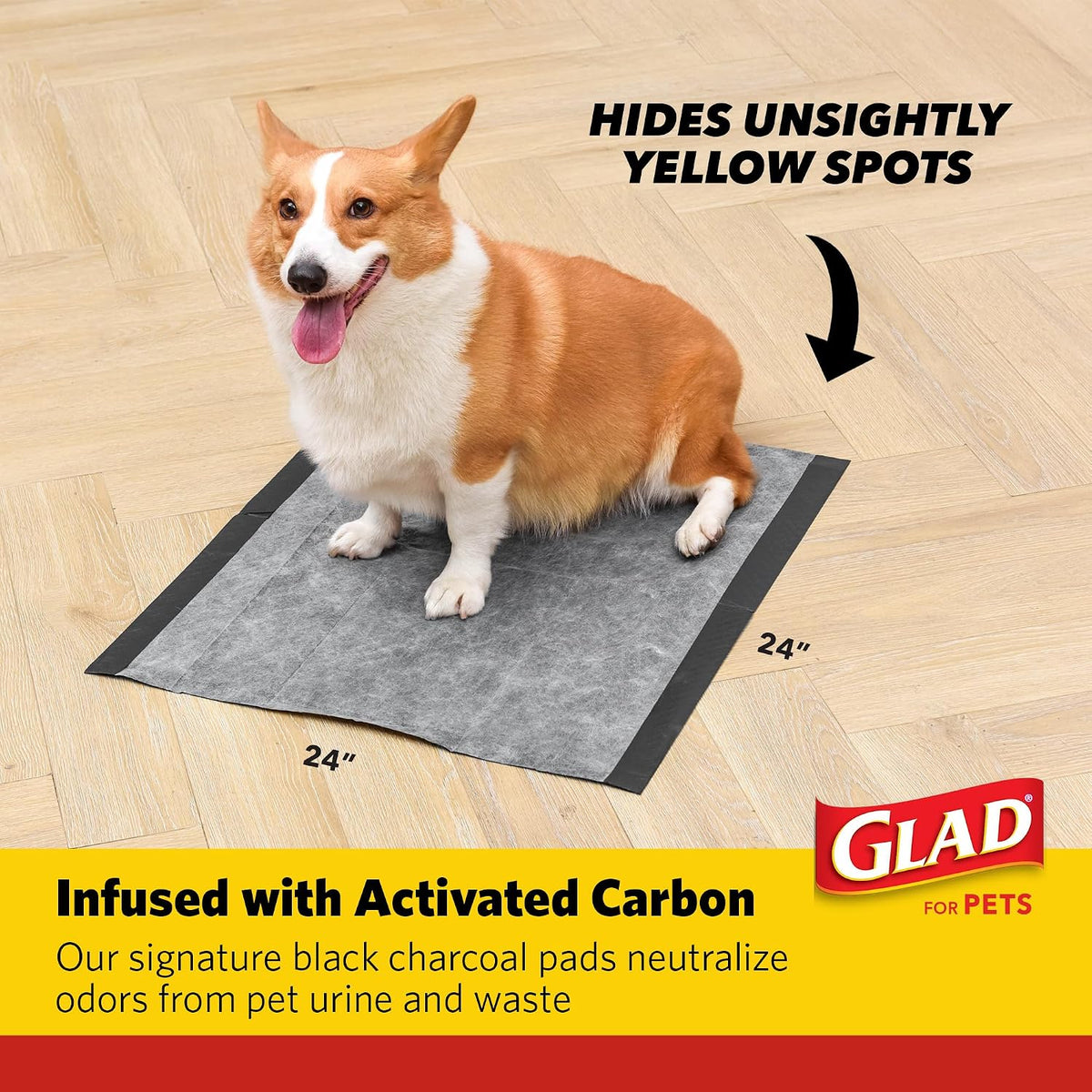 Glad for Pets XL Charcoal Training Pads, Heavy Duty, 24x24 in, 30 Count | Quick-dry quilted top and leak-resistant layers for indoor potty use and crate liners, 24 x 24 in