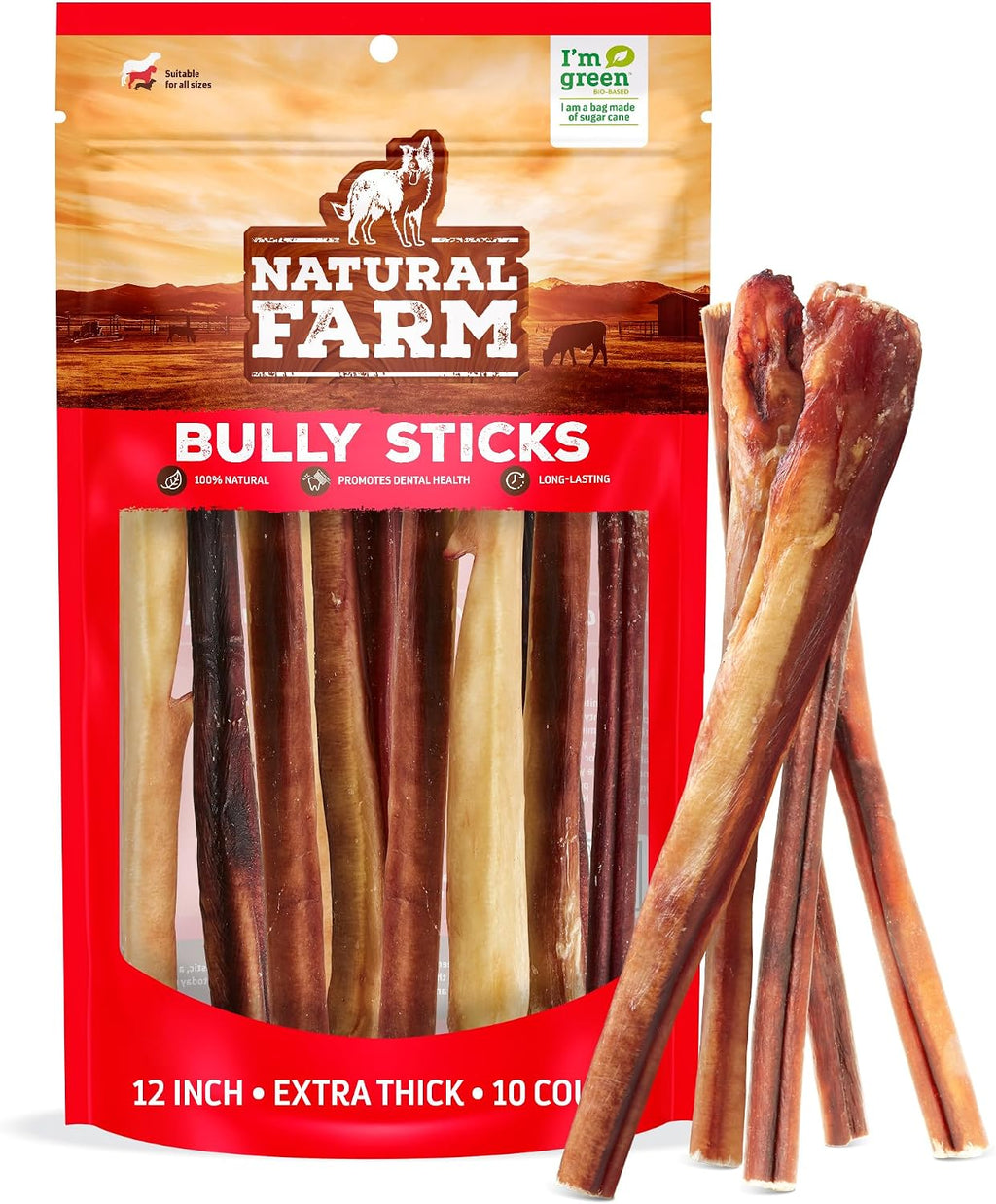 Natural Farm Bully Sticks (6 Inch, 15 Count), Single Ingredient: 100% Beef Chews, Grass-Fed, Non-GMO, Grain-Free, Fully Digestible Treats for Puppies, Small or Senior Dog