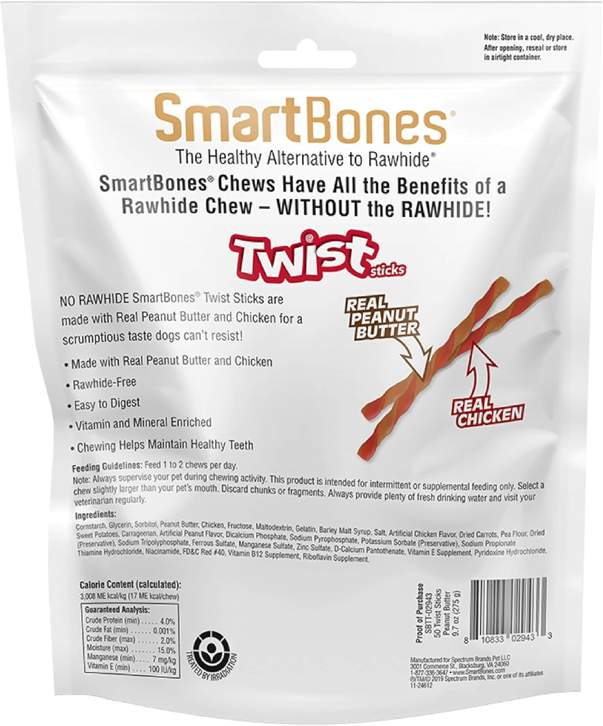 SmartBones Twist Sticks Rawhide-Free Dog Treats, Peanut Butter, 50 Count | With Real Peanut Butter & Chicken, Easy To Digest Chew, Vitamin & Mineral Enriched, Supports Dental Health, For Adult Dogs