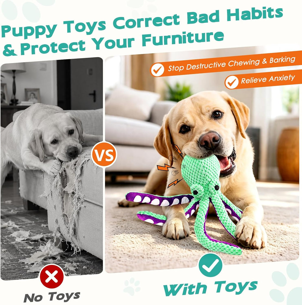 Fuufome Octopus Squeaky Dog Toys for Puppy, Small and Medium Large Breed | Tough Soft Fabric, Interactive Daily Companionship, Tug of War Doggie Toy, Training Reward, Birthday Gift