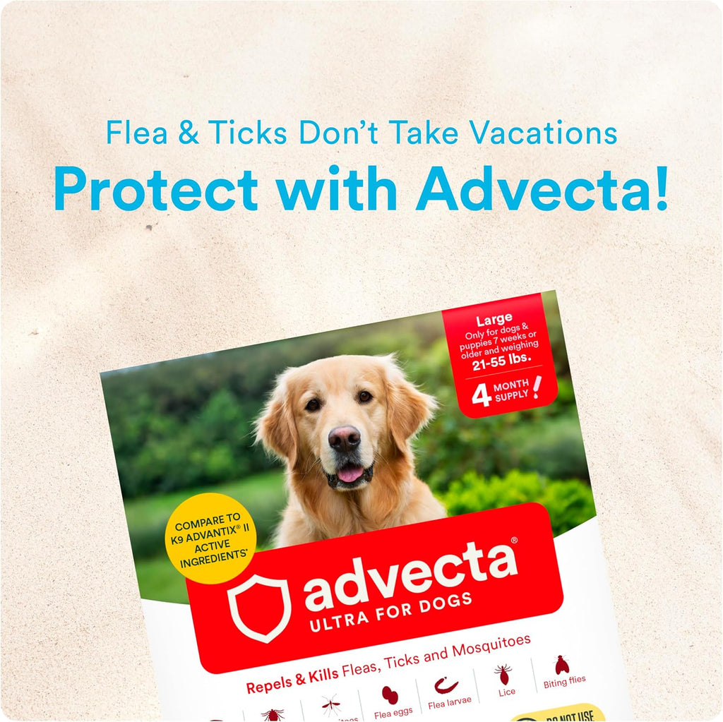 Advecta Ultra Flea and Tick Prevention for Dogs - Large Dog Flea and Tick Treatment & Control - Mosquito Repellent - Fast Acting Waterproof Topical Drops, 4 Month Supply | Imidacloprid, permethrin & pyriproxyfen kill fleas/ticks on contact; 4-dose supply;