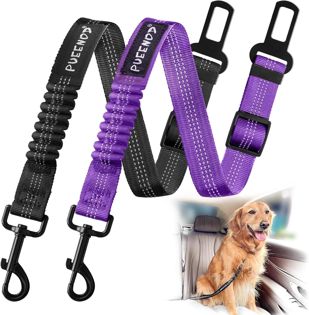 2 Pack Dog Seat Belt Adjustable Dog Car Seatbelts for Vehicle Nylon Pet Safety Seat Belt with Elastic Bungee Buffer Reflective & Durable Car Harness for Dogs