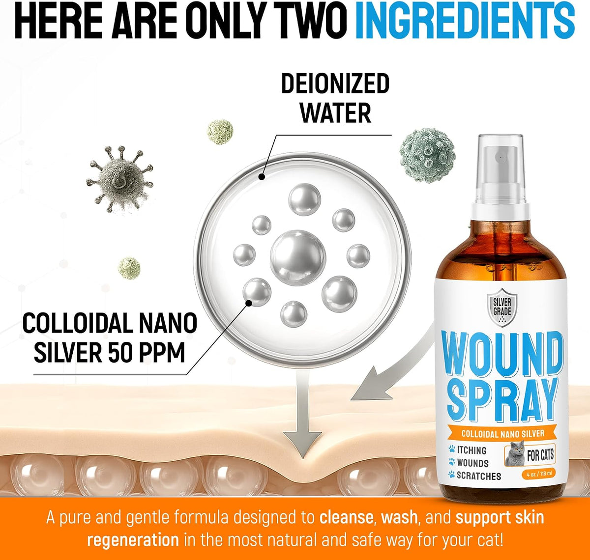 SILVER GRADE Cat Wound Care Spray with Silver – Wounds, Rashes, Hot Spots, Itch, Scratching, Irritation, Bites & Burns – Use a Cat Cone to Prevent Licking – Safe Formula – 4 Oz