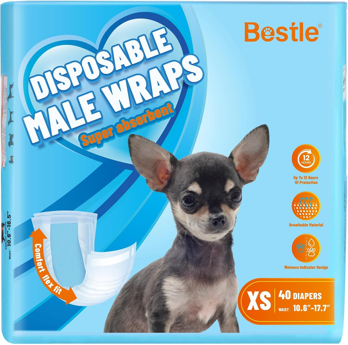 Bestle Male Dog Wrap, Disposable Dog Diapers, 40 Count, S (Waist 16.5”-19.7”), Wetness Indicator, Ultra Protection, Leak Proof, Super Absorbent, Soft