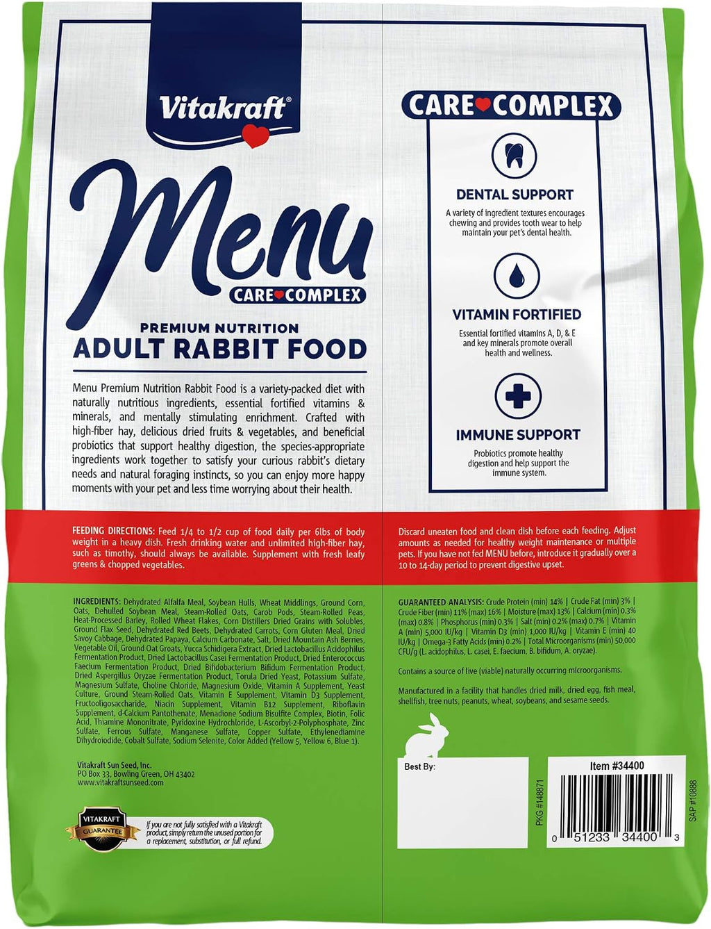 Vitakraft Menu Premium Rabbit Food - Alfalfa Pellets Blend - Vitamin and Mineral Fortified, Carrots, Greens, Grains, Fruits, 5 Lb.