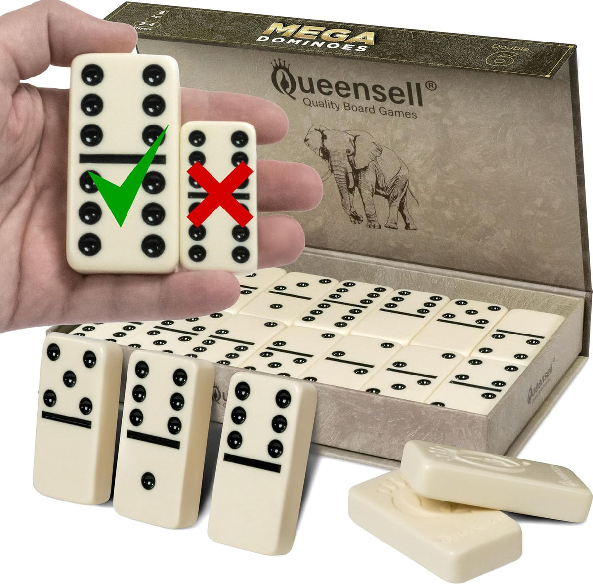 Queensell Dominos Set for Adults, Double 6 Dominoes Set with 28 Tiles in Wooden Case, Classic Dominoes, Family Board Game for Kids & Adults, Travel Game for Family Game Night, Juegos de Mesa