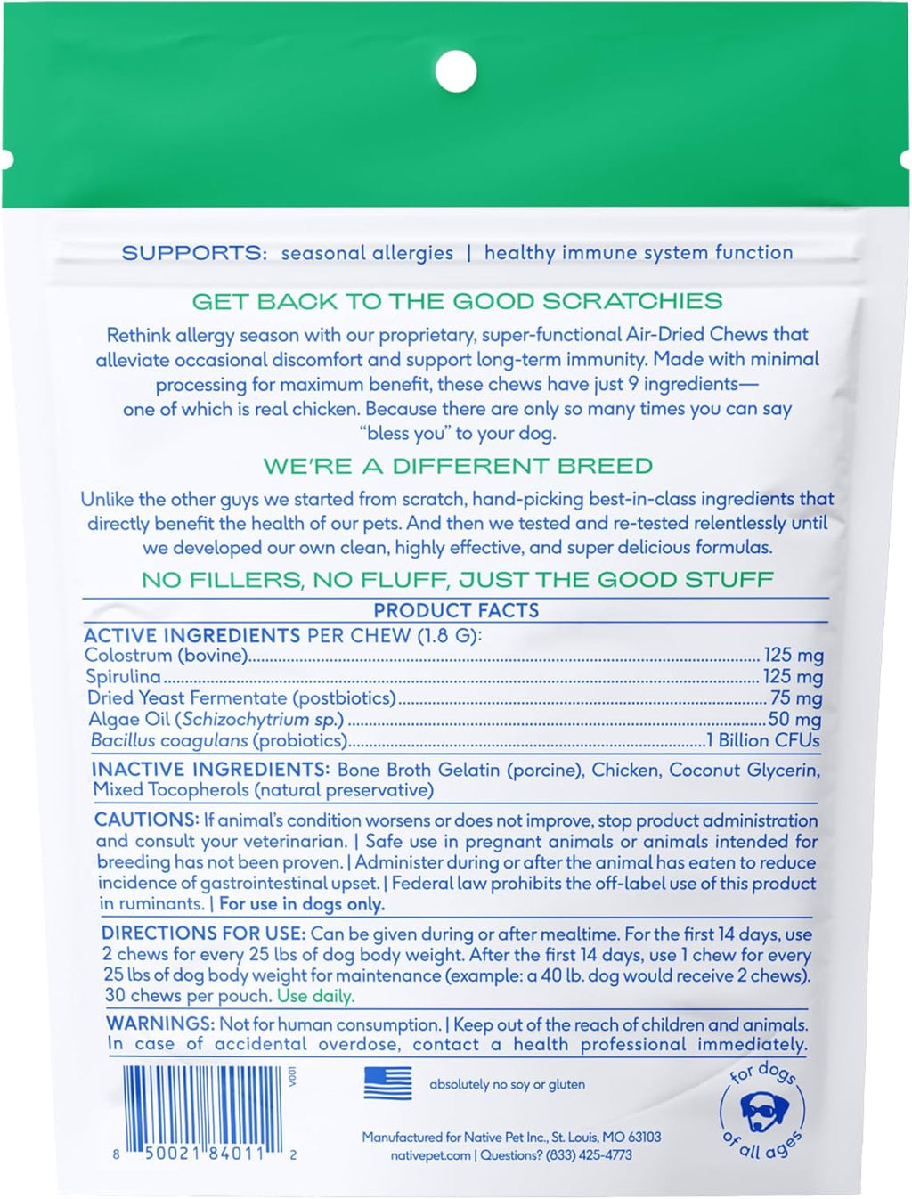 Native Pet Dog Allergy Chews for Medium Breeds - Itchy Skin and Seasonal Itch Support - Colostrum, Probiotics, Spirulina - 30 Chews