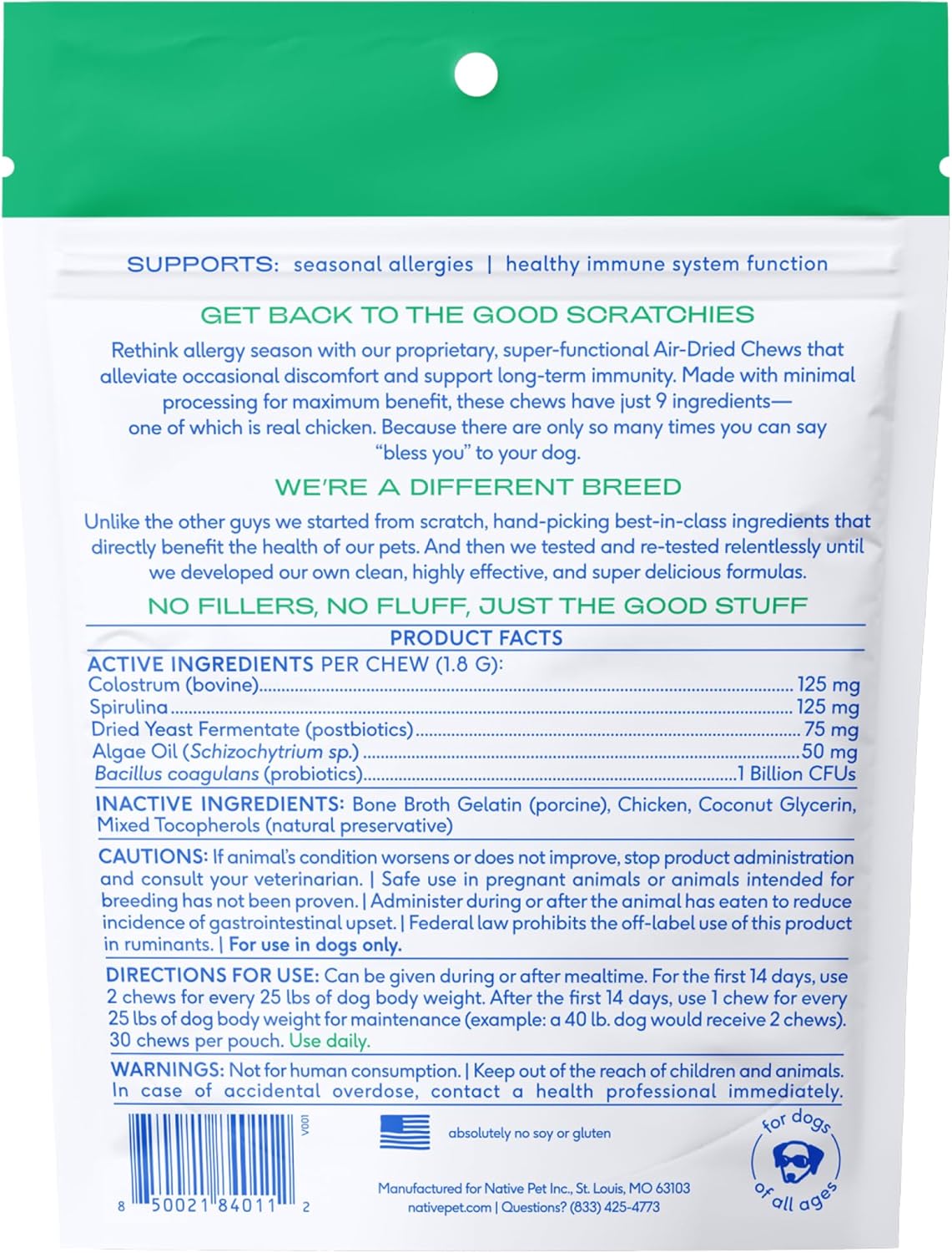 Native Pet Dog Allergy Chews for Medium Breeds - Itchy Skin and Seasonal Itch Support - Colostrum, Probiotics, Spirulina - 30 Chews