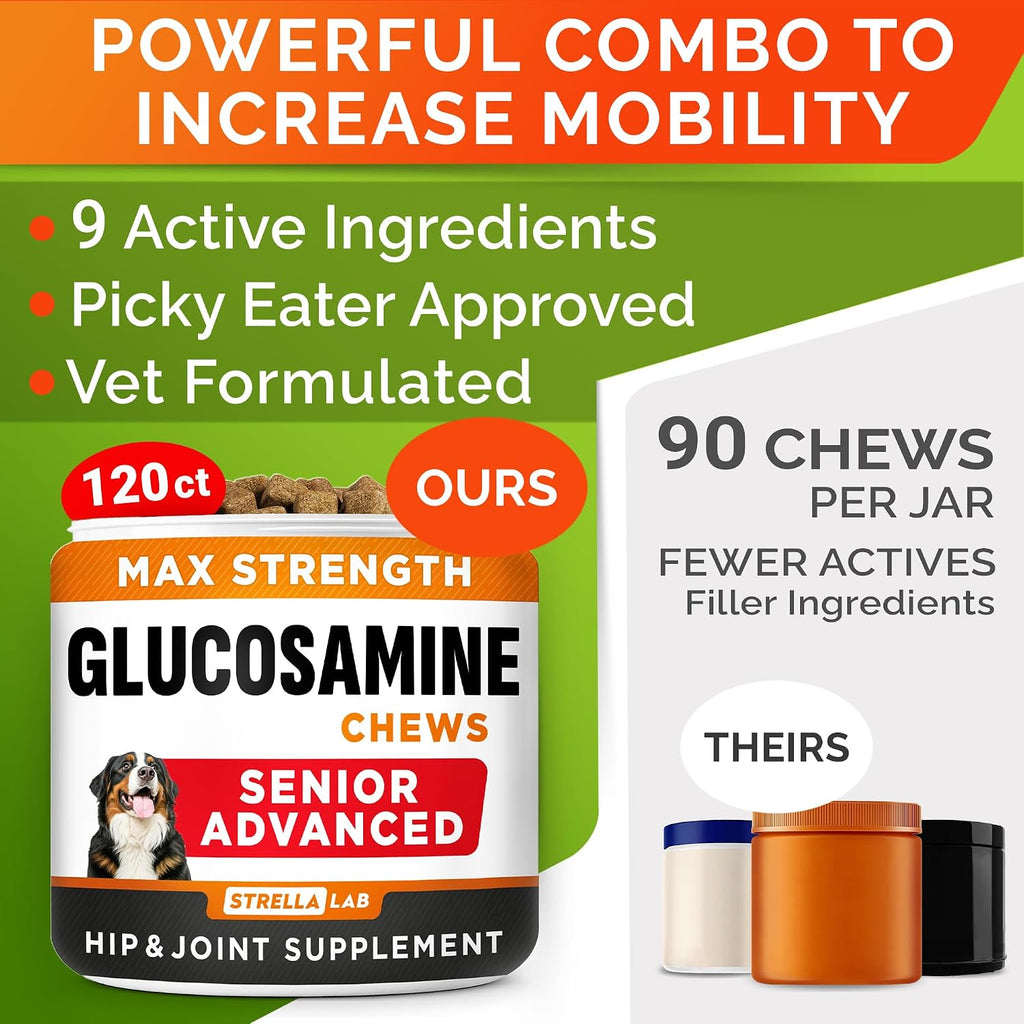 Advanced Glucosamine for Dogs, Chondroitin & MSM Hip Joint Supplement Chews | Made in USA - Supports Hip Joint Mobility w/Omega-3 - Joint Pain Relief - Chewable Treats, All Breeds - Vet-Approved (120Ct)