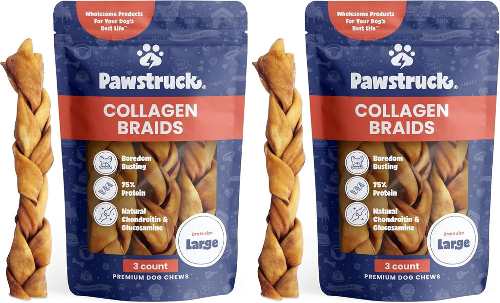 Pawstruck Natural 5-7” Beef Collagen Braids for Dogs – Long-Lasting Rawhide & Bully Stick Alternative, with Chondroitin & Glucosamine – 5 Pack | Long-Lasting Chew for Small Dogs and Power Chewers, Supports Dental Health & Joint Health, Alternative to Trad