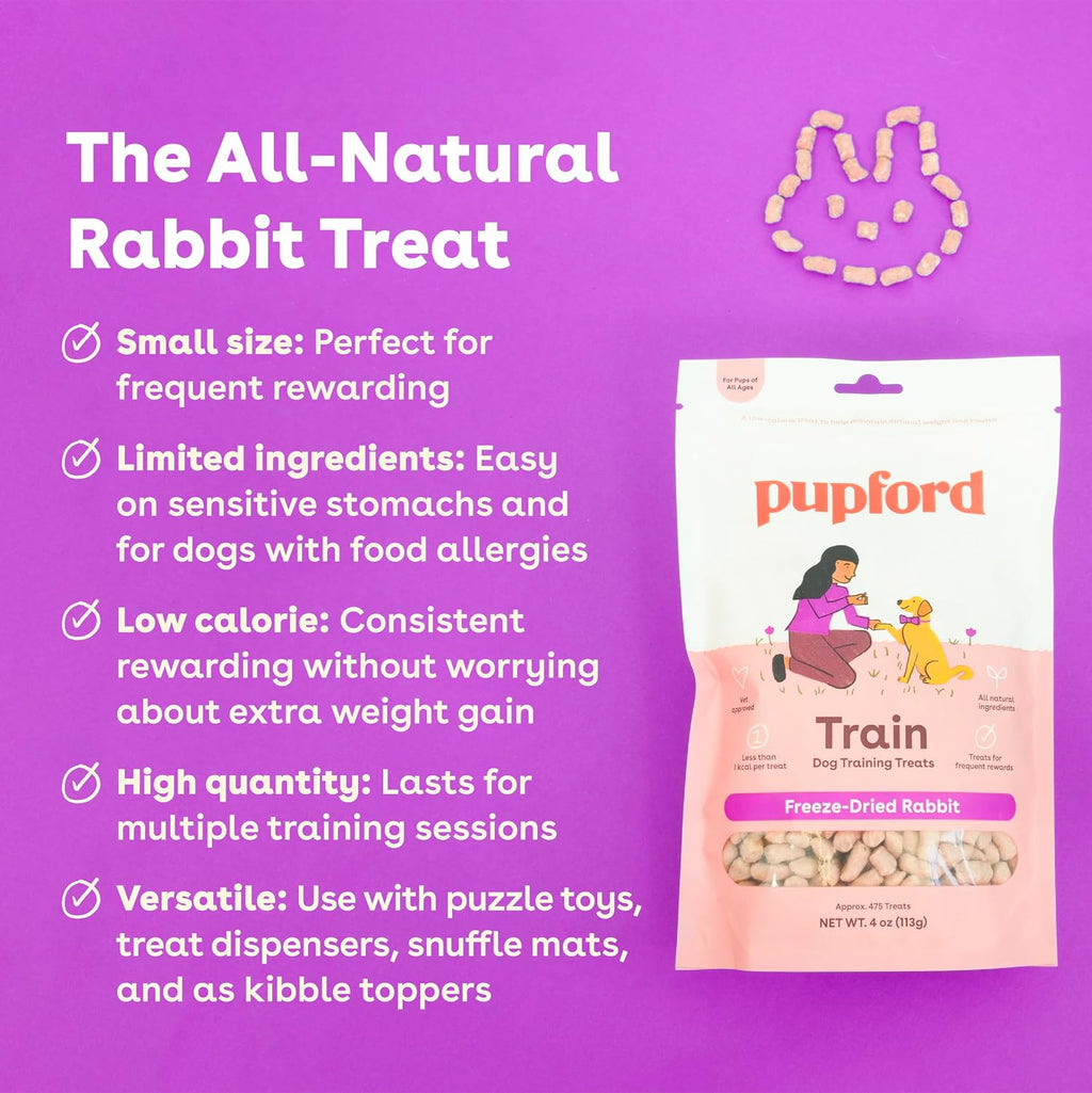 Pupford Freeze Dried Training Treats for Dogs & Puppies (Rabbit, 4 oz) | 475+ treats per bag, Ultra low-calorie, Only 2 ingredients, All breed sizes, Mess free and bite sized, Trainer recommended