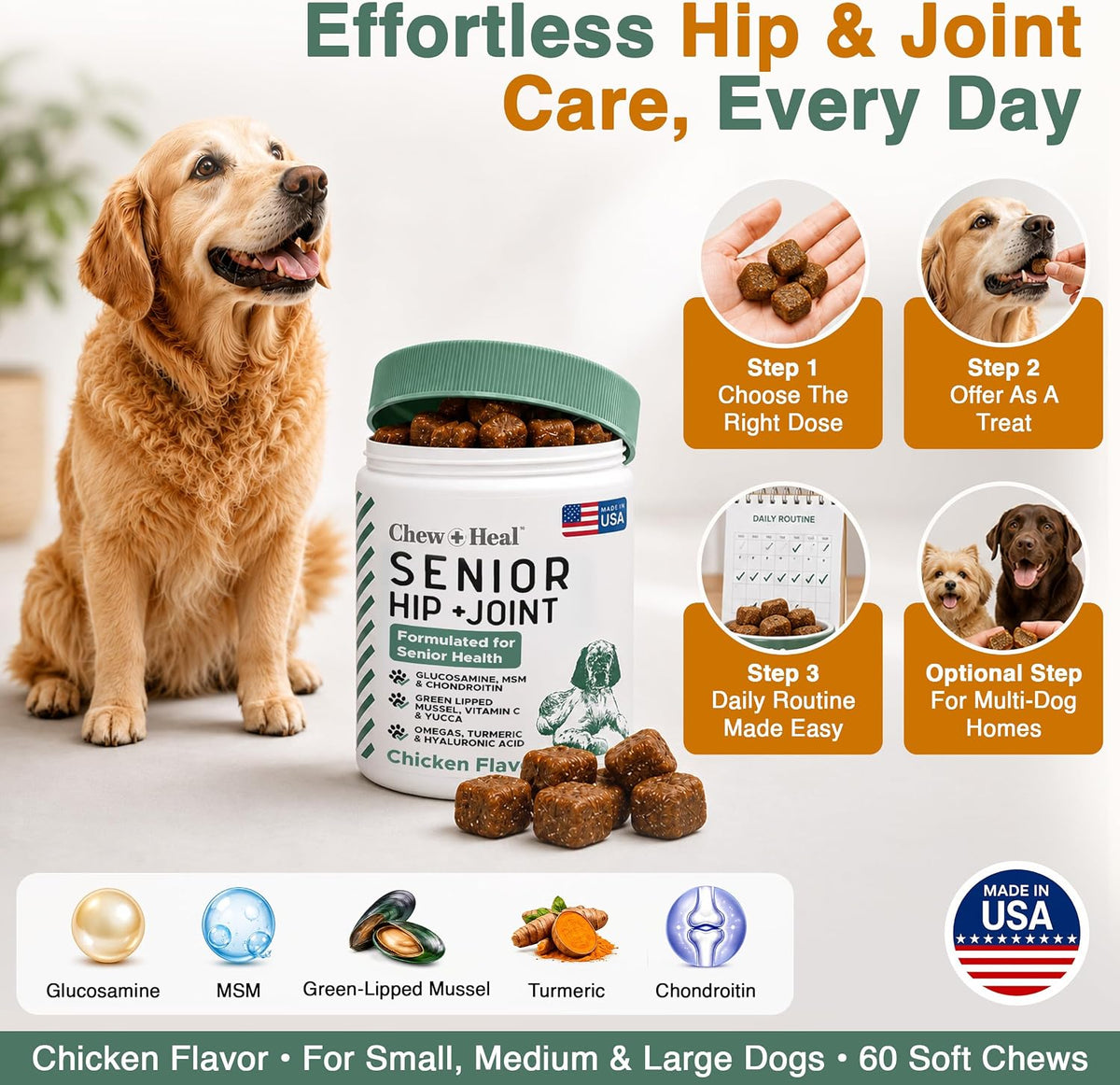 Glucosamine for Senior Dogs Hip and Joint Supplement, 60 Mobility Chews | Made with Glucosamine, MSM, Chondroitin, Green Lipped Mussels and More