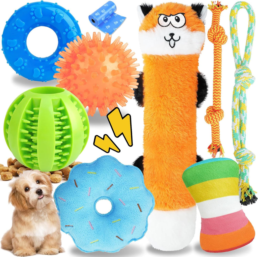 Puppy Toys for Teething, 9 Pack Cute Dog Chew Toys for Small Dogs | Tough Plush, Treat Ball & Ropes, Squeaky Toys with Crinkle, Keep Dogs Busy for Boredom, Tug of War, Suitable for Small Breed