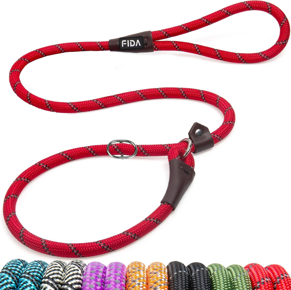 Fida Durable Slip Lead Dog Leash, 6 FT x 1/2" Dog Training Leash, Black | For Large Medium Dogs, Comfortable Heavy Duty Rope Slip Leash, Highly Reflective for Night Safety, No Pull Pet Loop Leash