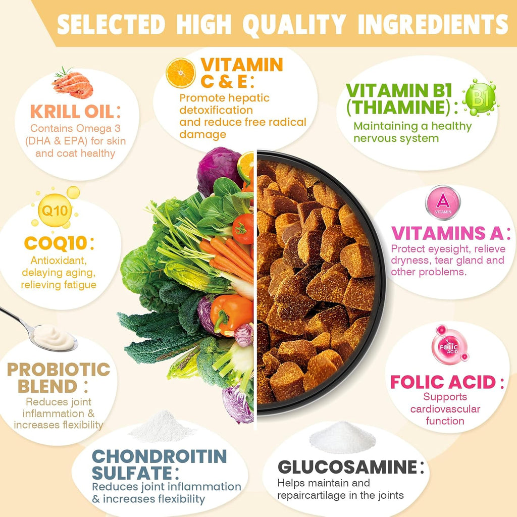 24-in-1 Dog Vitamins and Supplements 200 Ct Dogs Multivitamin Chewable Contain Chondroitin Probiotics Omega-3 Glucosamine for Dogs Skin Coat Heart Joint Gut Liver Brain Immune Support - Peanut Butter