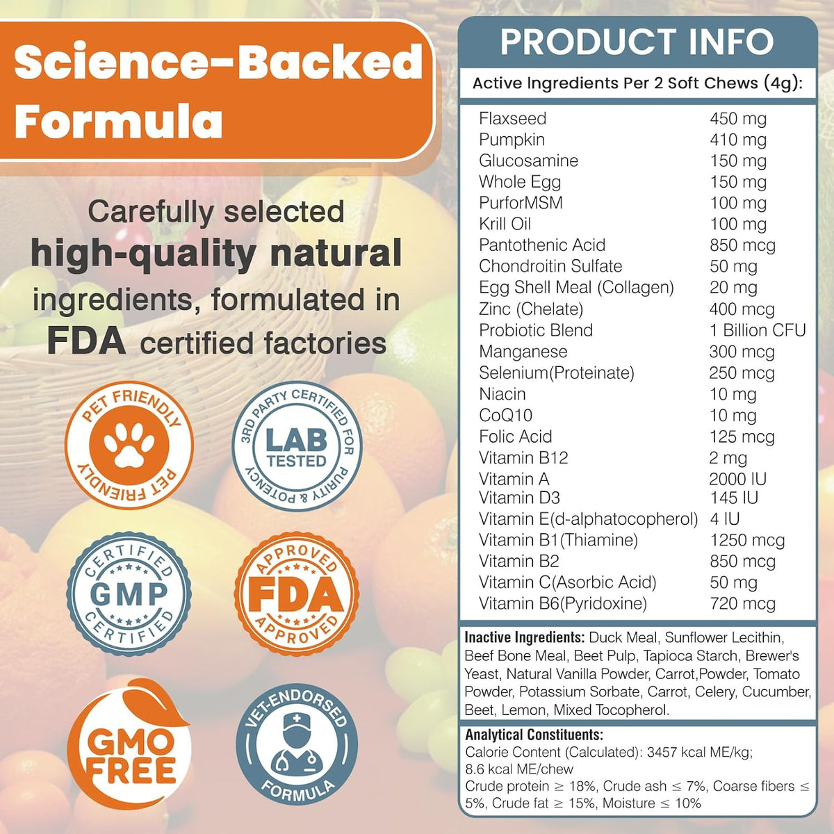 24-in-1 Dog Vitamins and Supplements 200 Ct Dogs Multivitamin Chewable Contain Chondroitin Probiotics Omega-3 Glucosamine for Dogs Skin Coat Heart Joint Gut Liver Brain Immune Support - Peanut Butter