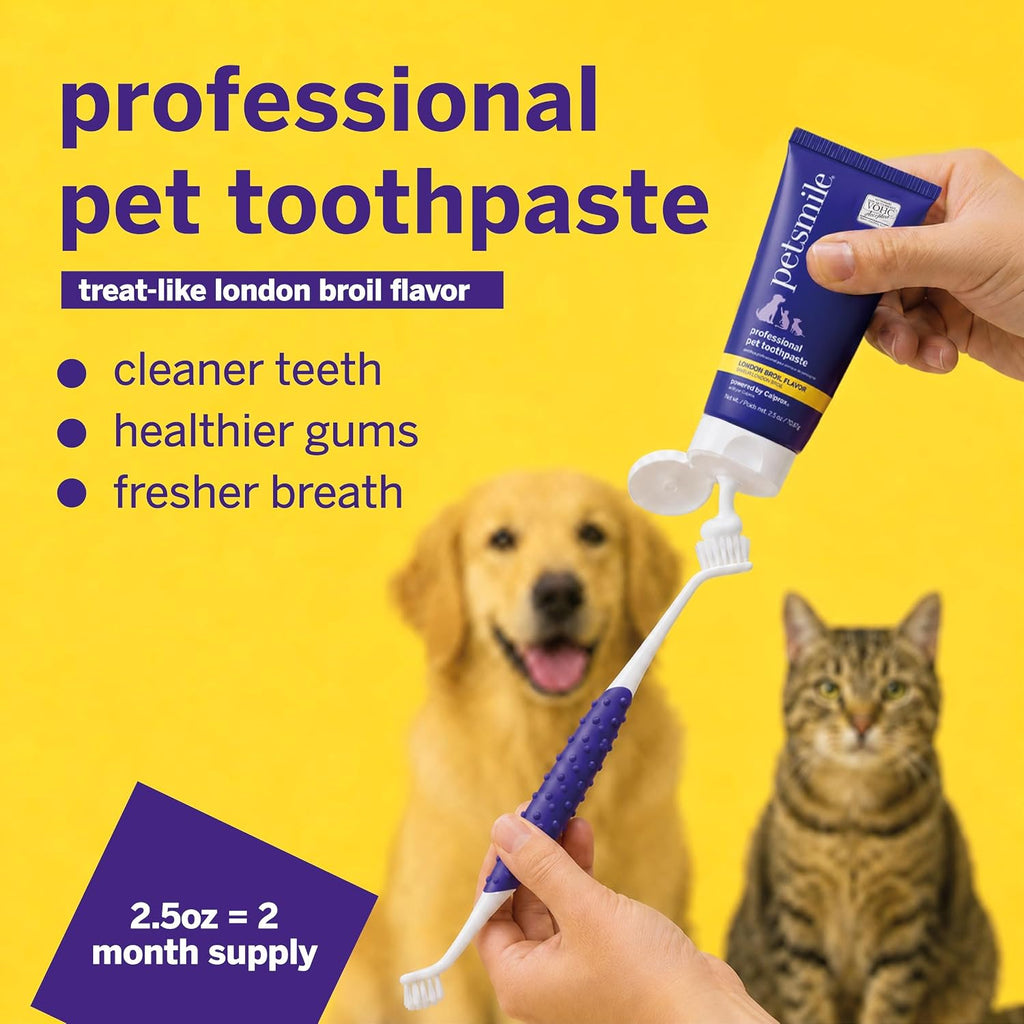 Petsmile VOHC Accepted Pet Toothpaste, London Broil 2.5 Oz, Cats + Dogs | VOHC Accepted, Calprox® Powered, Fights Plaque + Tartar, No-Brush Required, Human-Grade, 4-Month Supply, Clinically Proven