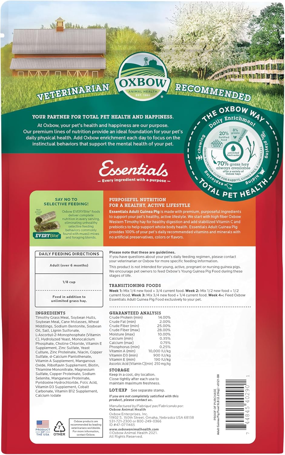 Oxbow Essentials Adult Guinea Pig Food, Timothy Hay Pellets, USA, 5 lb