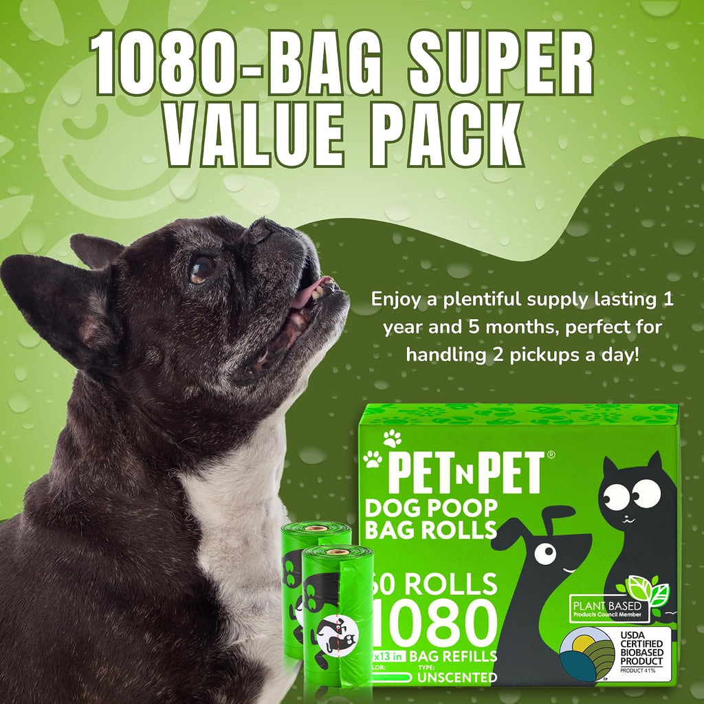 Pet N Pet Poop Bags for Dogs, 1080 Count, Plant Based, Unscented, Green | USDA Certified, 41%, Doggy, Leak-Proof, Refill, Waste, Tear-Resistant, Easy-Tear Design, dog waste bags