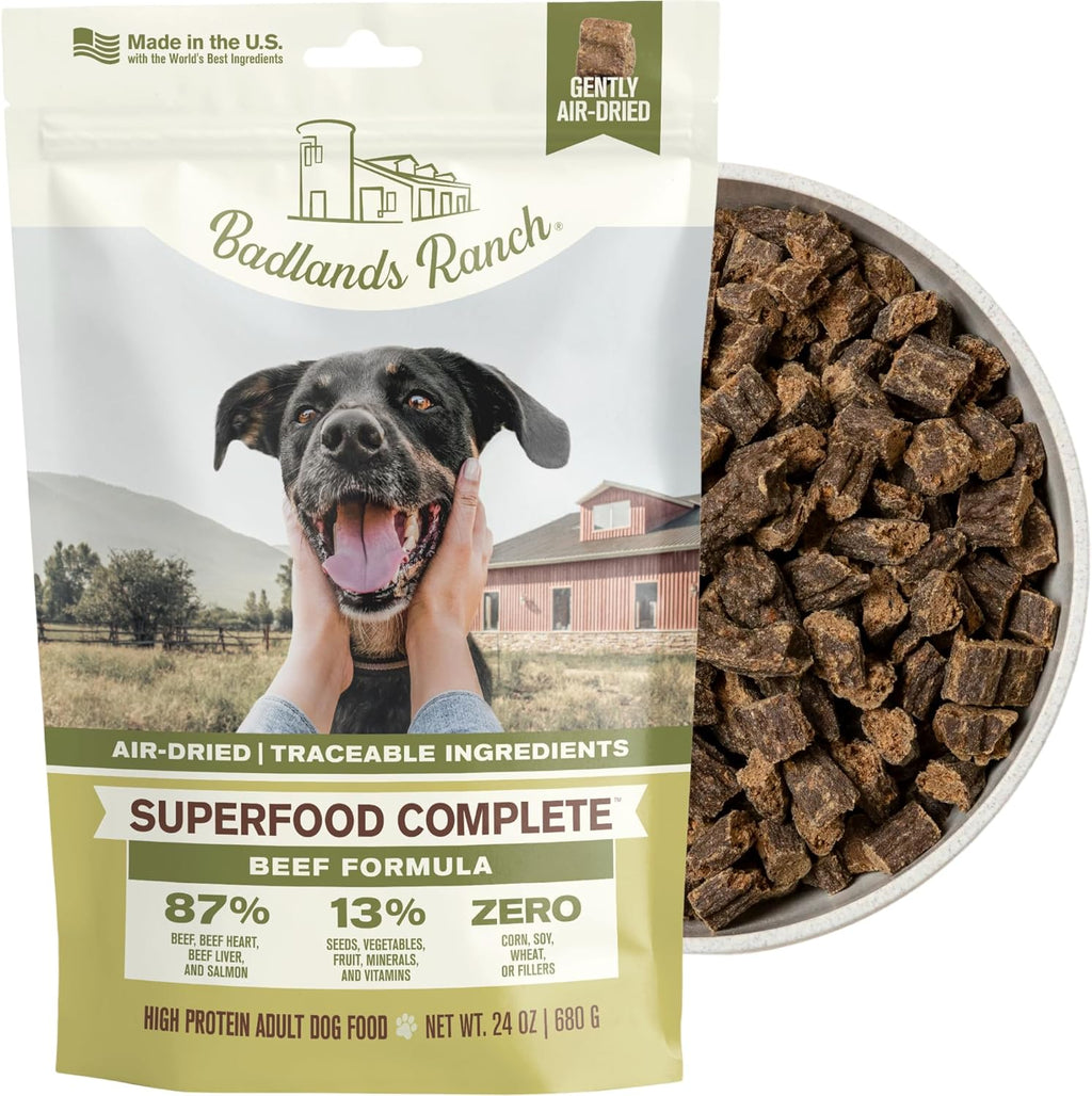 BADLANDS RANCH Air-Dried Beef Dog Food, 87% Real Meat, 24 oz | Includes organs & salmon; kibble topper or alternative; adult & senior dogs; no corn, wheat, soy or fillers