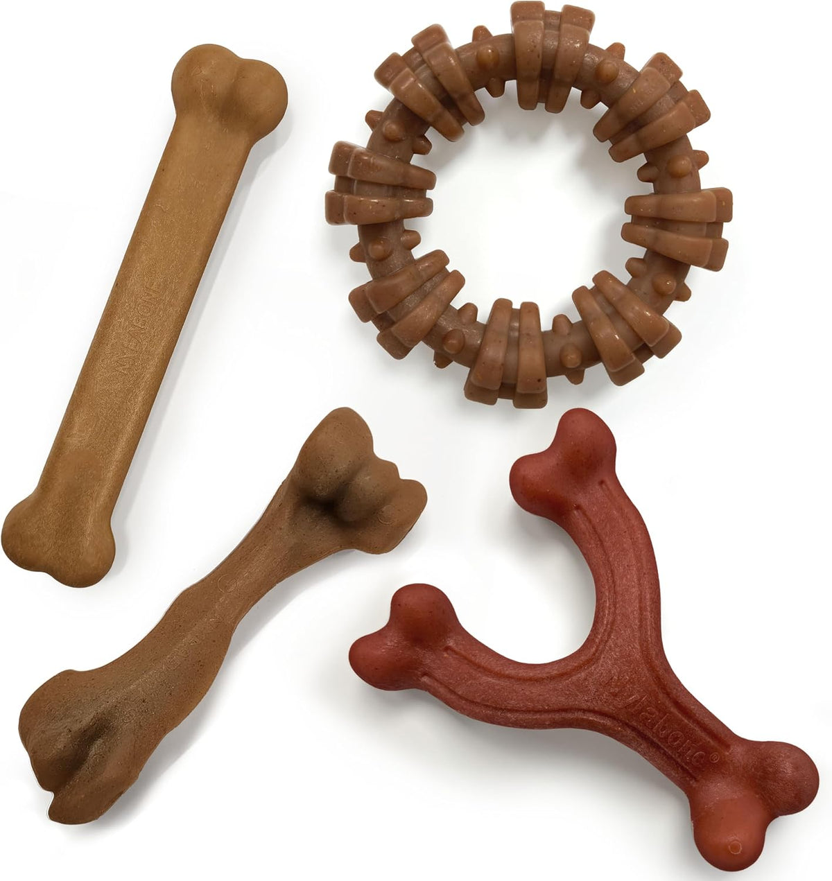 Nylabone Strong Chew Dog Toy 4-Pack, Durable Chew Toys, Large Dogs | Dog toys for aggressive chewers, made with real bacon, bison, venison, beef and chicken; for large breed dogs up to 50 lbs