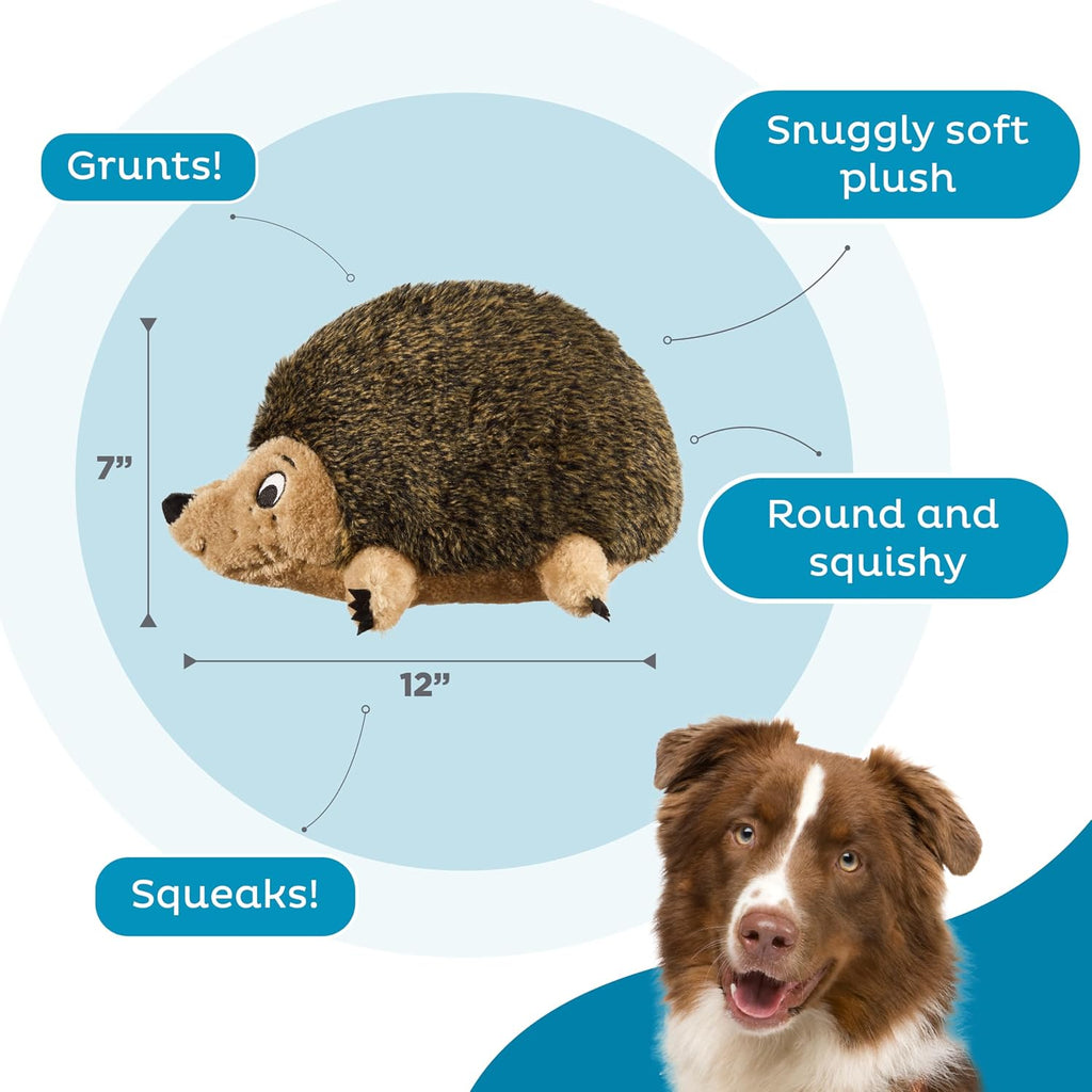 Outward Hound Hedgehogz Plush Dog Toy, Squeaks & Grunts, Large, 12" x 7" | Soft Realistic Faux Fur, Round for Rolling & Chasing, Cuddle & Carry, Interactive Fetch, Light Chewers, Dogs & Puppies
