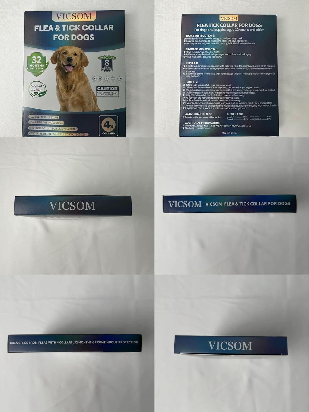 VICSOM Flea Collar for Dogs, Flea and Tick Prevention for Dogs, 4 Pack | 32 Months Flea and Tick Treatmen For Puppies And Small, Medium, Large Dogs, Waterproof Adjustable Collars, Unscented, Black