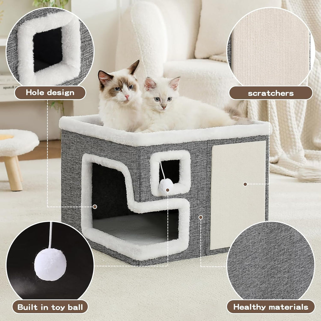 Cat Houses for Indoor Cats, Covered Cave Bed with Scratch Pad and Fluffy Ball, Foldable Cat Hideaway Condo for Large Cats, Modern Kitten Bed,16.5x16.5x13 inches (Grey, Large)