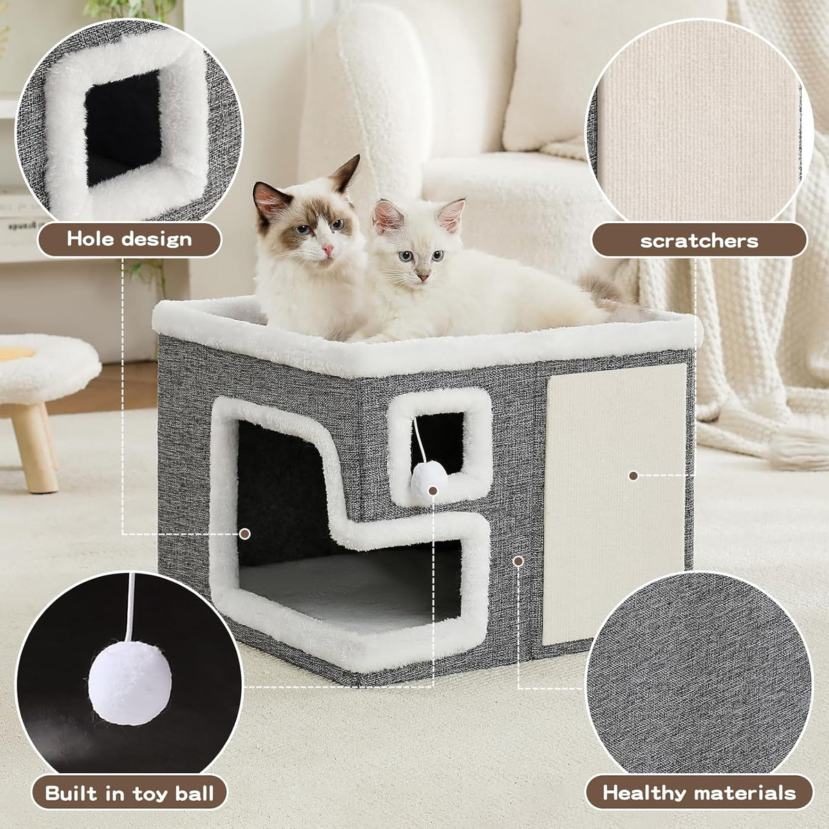 Cat Houses for Indoor Cats, Covered Cave Bed with Scratch Pad and Fluffy Ball, Foldable Cat Hideaway Condo for Large Cats, Modern Kitten Bed,16.5x16.5x13 inches (Grey, Large)