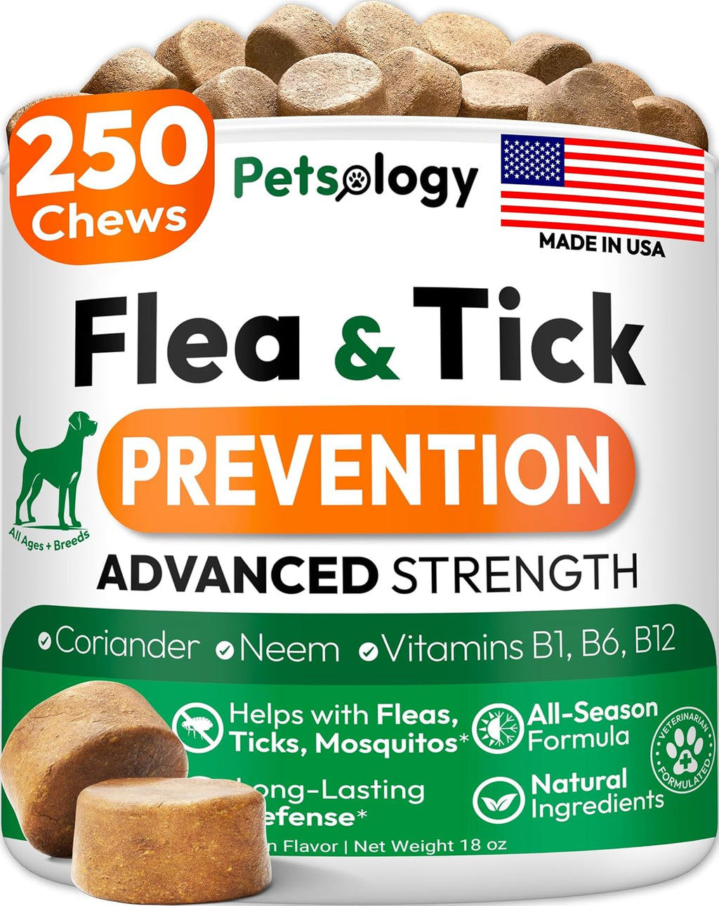 Flea and Tick Prevention for Dogs Pills - 250 Chews - Flea & Tick Control | Natural Dog Oral Defense Treatment Supplement - Vet Formulated Chews - All Breeds & Ages - Immune Support - Made in USA