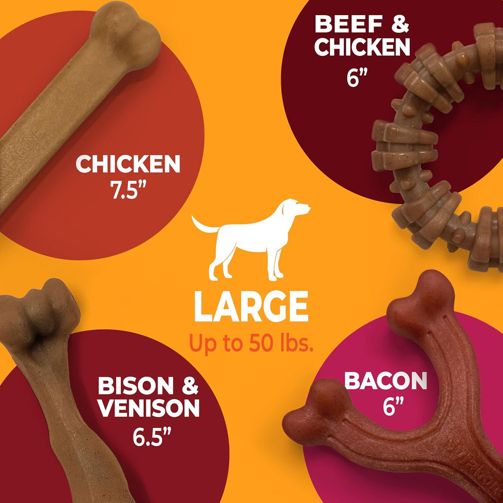 Nylabone Strong Chew Dog Toy 4-Pack, Durable Chew Toys, Large Dogs | Dog toys for aggressive chewers, made with real bacon, bison, venison, beef and chicken; for large breed dogs up to 50 lbs