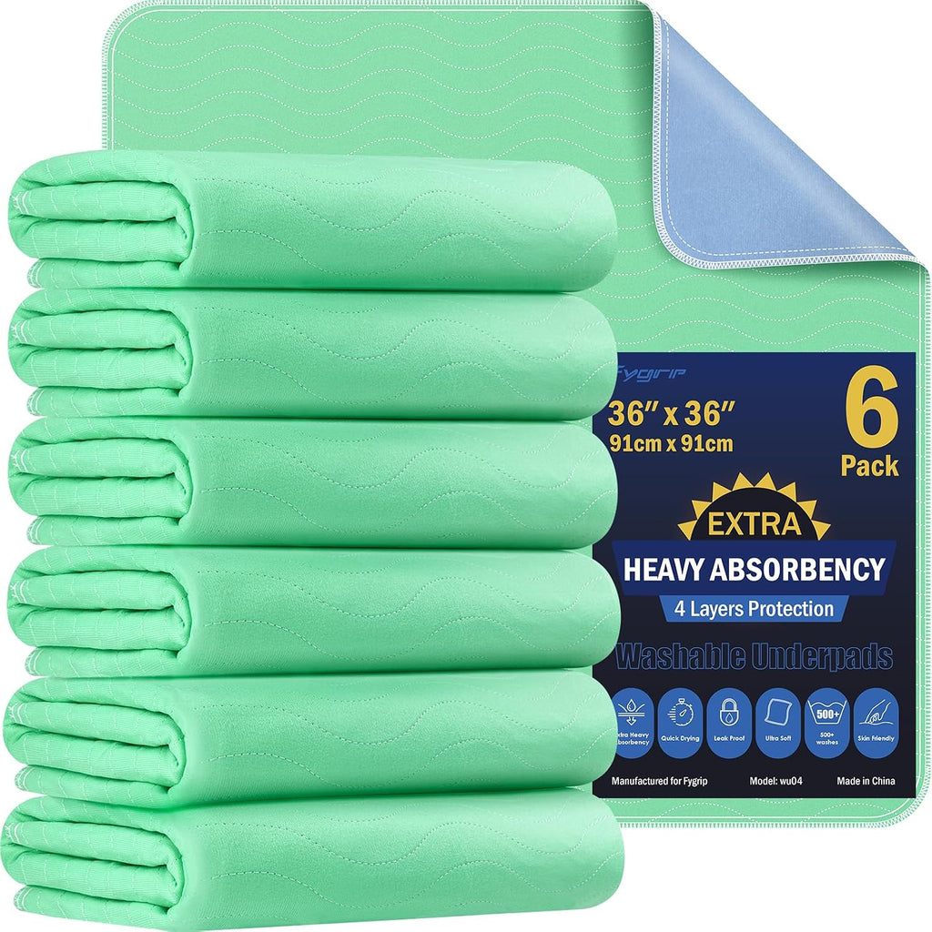 Fygrip 4 Pack 36” x 54” Extra Heavy Absorbency Washable Underpads Bed Pads | WaterProof Nursing Pads Incontinence, Reusable Washable Pee Pads for Dogs, Diaper Changing & Adults, Mattress Protector