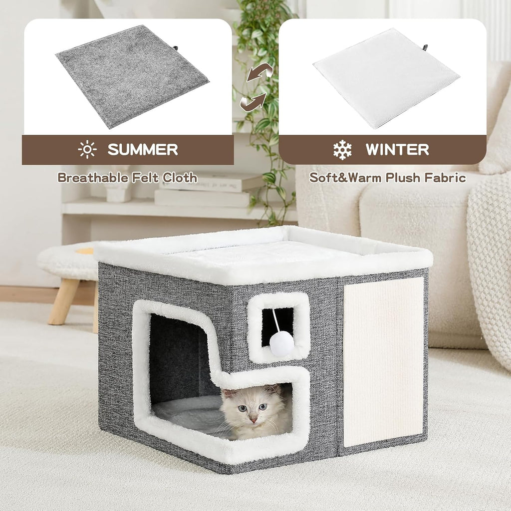 Cat Houses for Indoor Cats, Covered Cave Bed with Scratch Pad and Fluffy Ball, Foldable Cat Hideaway Condo for Large Cats, Modern Kitten Bed,16.5x16.5x13 inches (Grey, Large)