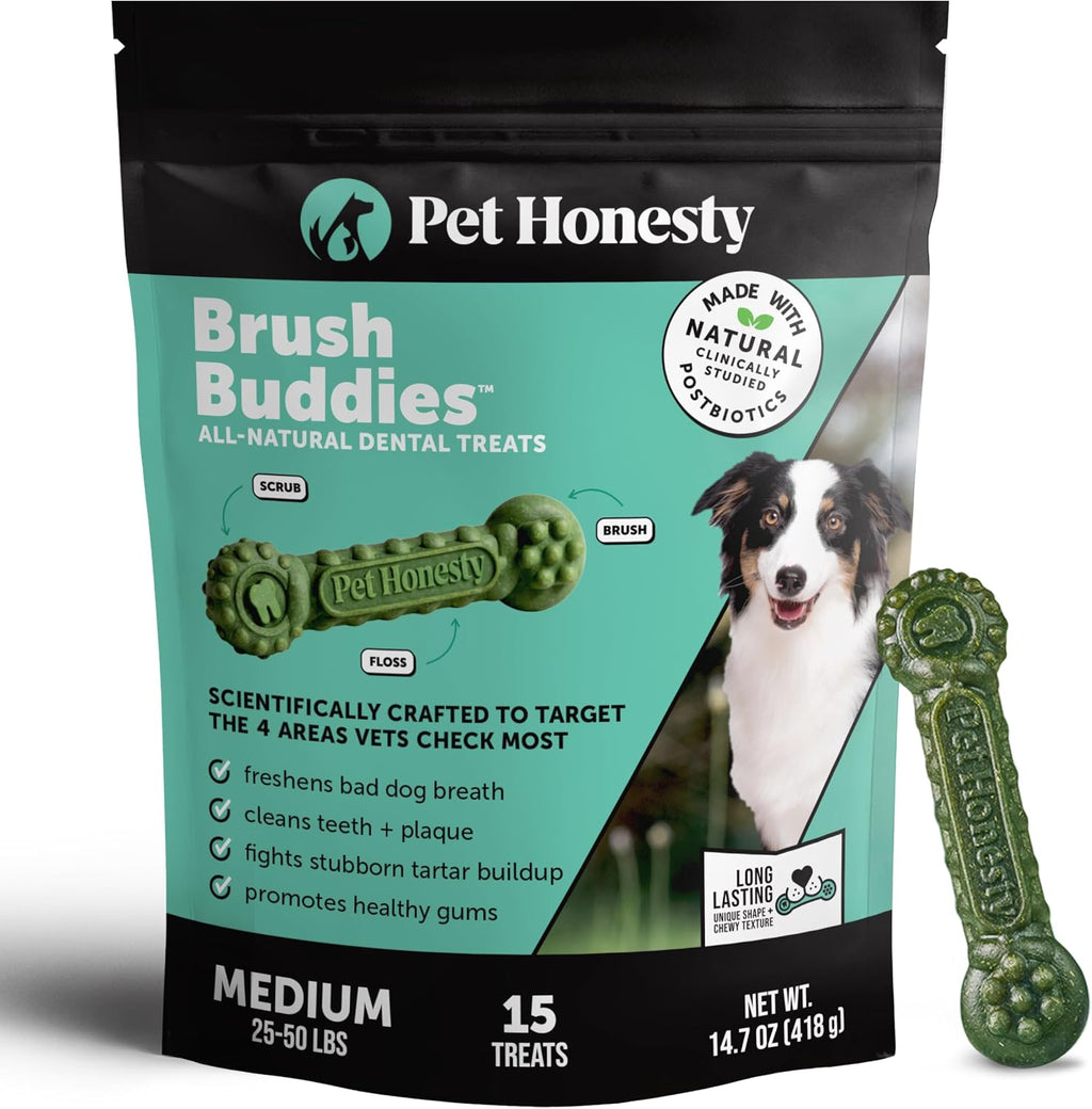 Pet Honesty Brush Buddies Vet Backed Dog Dental Chews, 15 Count | Award winning dog teeth cleaning chews for dogs 25-50 lbs, last 2x longer, no cellulose fillers, reduce plaque & tartar