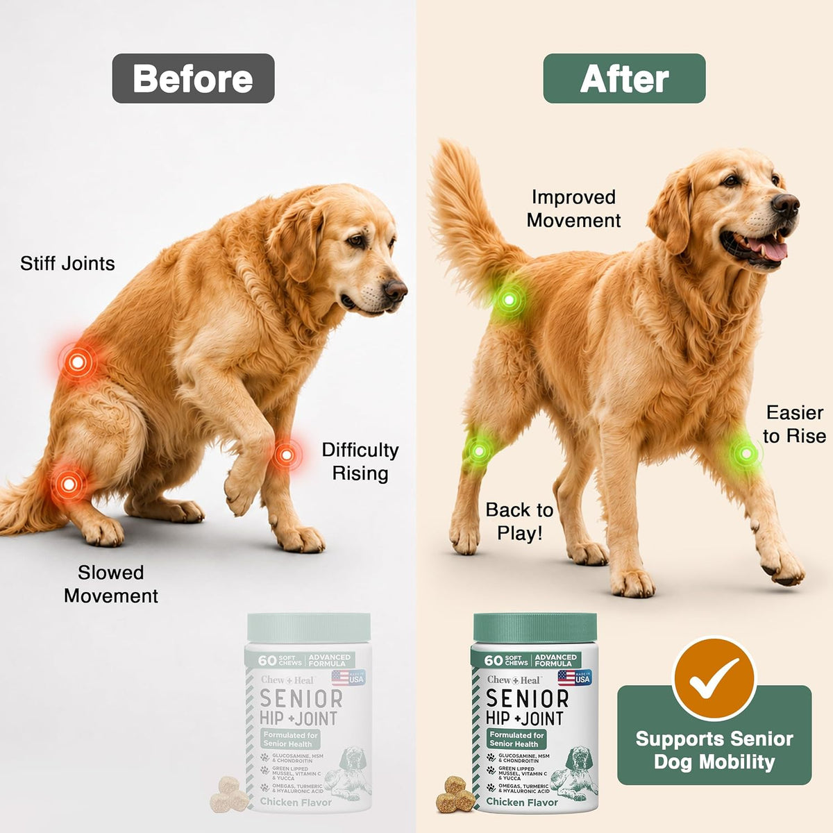 Glucosamine for Senior Dogs Hip and Joint Supplement, 60 Mobility Chews | Made with Glucosamine, MSM, Chondroitin, Green Lipped Mussels and More